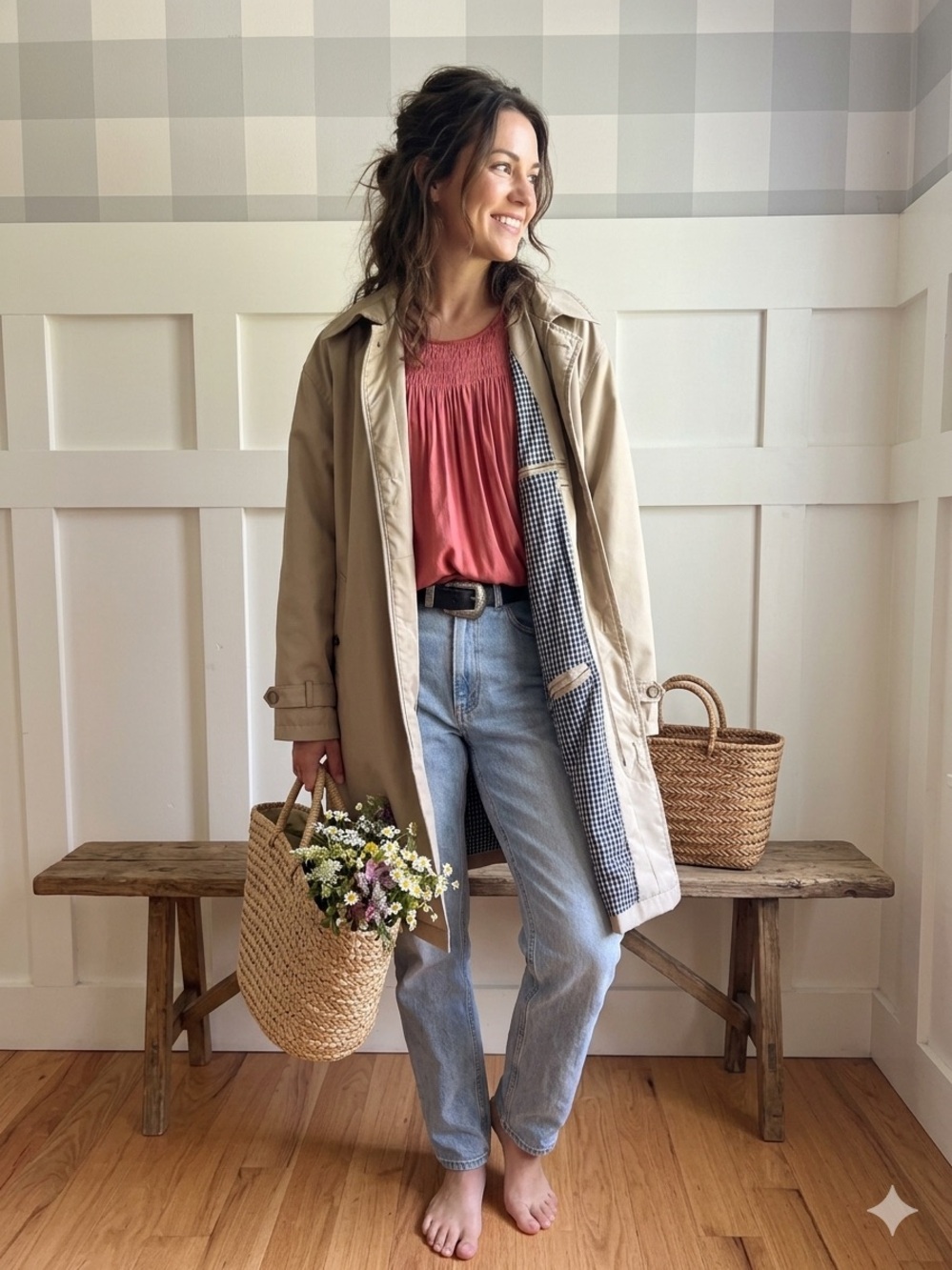 Lands' End Tan Trench Coat with Checked Lining Large